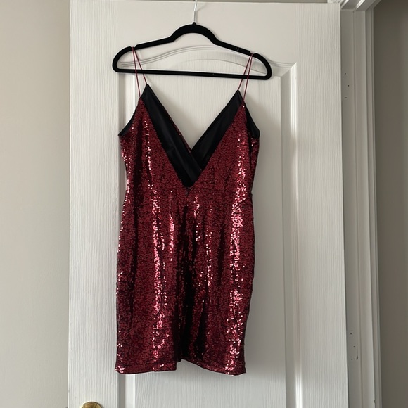 Deep V Neck Backless Sequin Wrap Dress Burgundy SHEIN - Picture 3 of 7